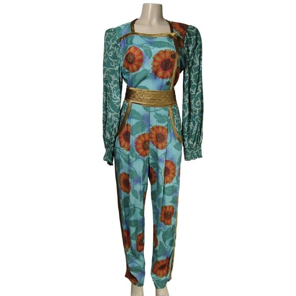 VTG JEANNE MARC Jumpsuit M Art to wear Boho 80s Floral Festival Blue Artsy - Picture 1 of 13
